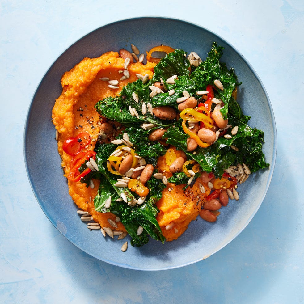 veggies on sweet potato mash vegetarian