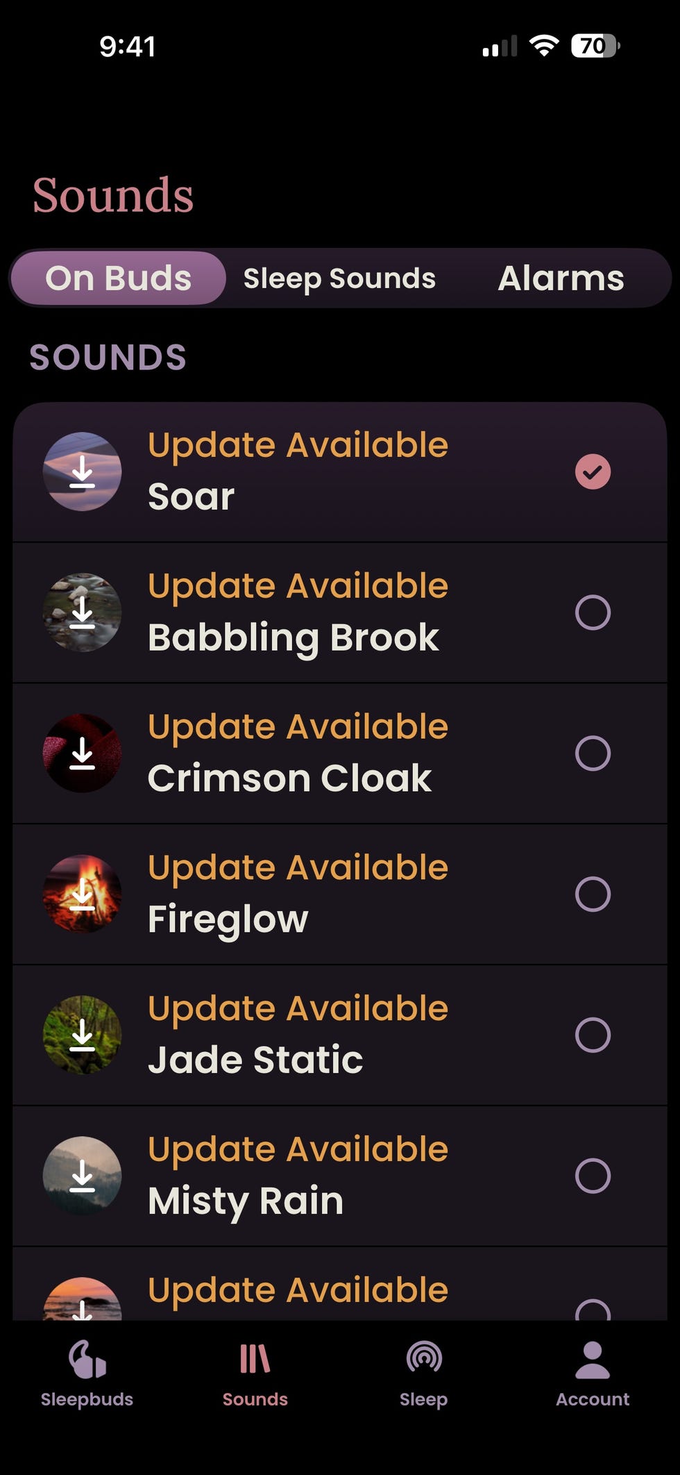 Ozlo Sleepbuds app displaying various sound options with update notifications.