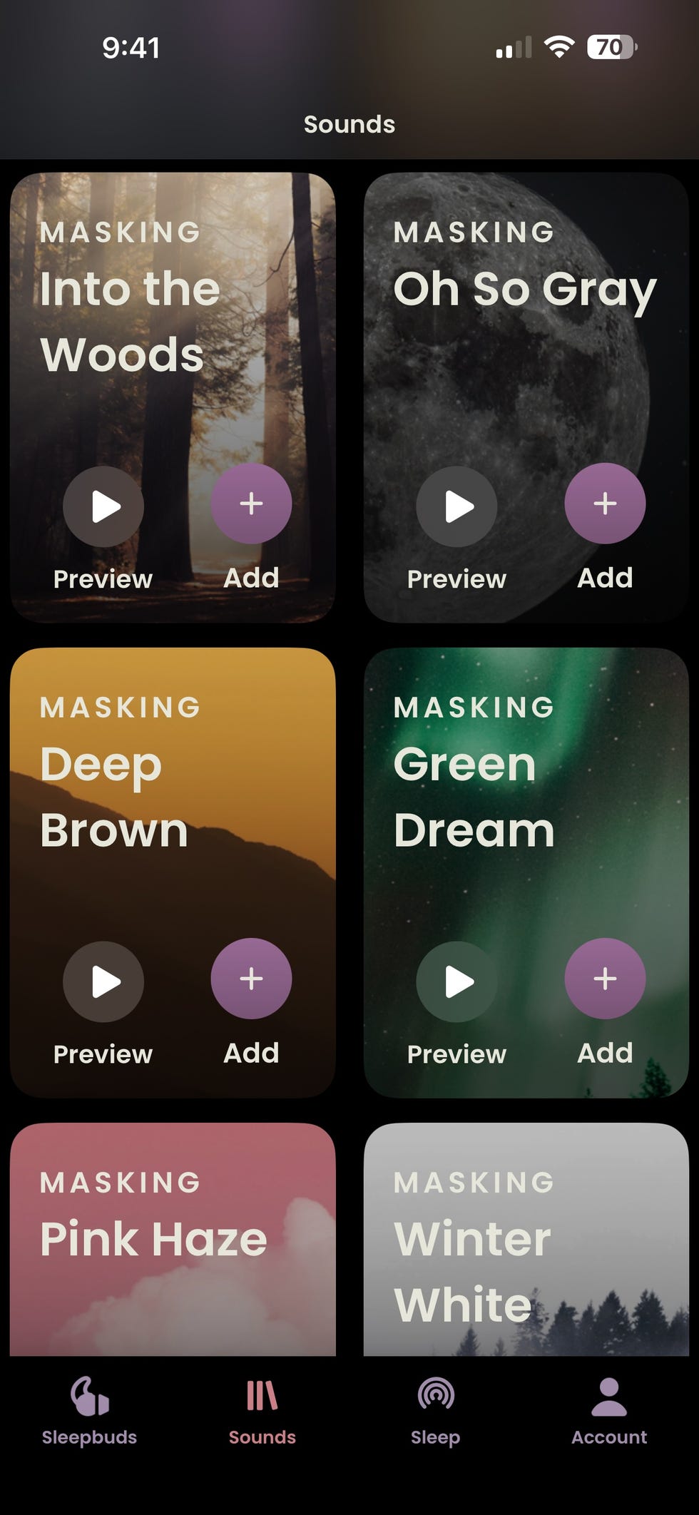 Screen shot of Ozlo Sleepbuds app with masking "color" sounds