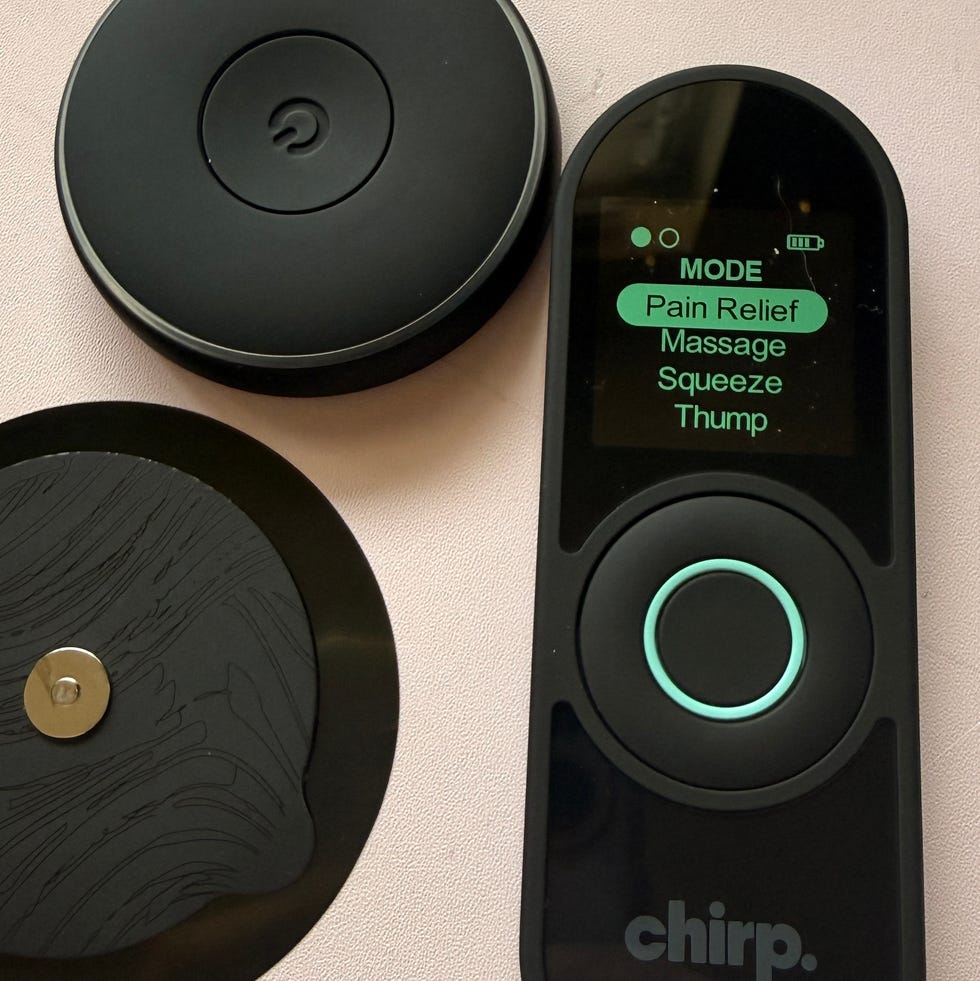 the chirp muscle stimulator small remote, which allows you to select which mode and intensity you want for your treatment session