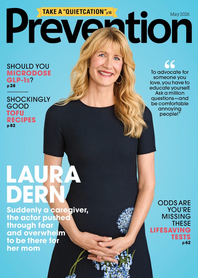 Prevention Magazine cover with Laura Dern in a black dress on a blue background