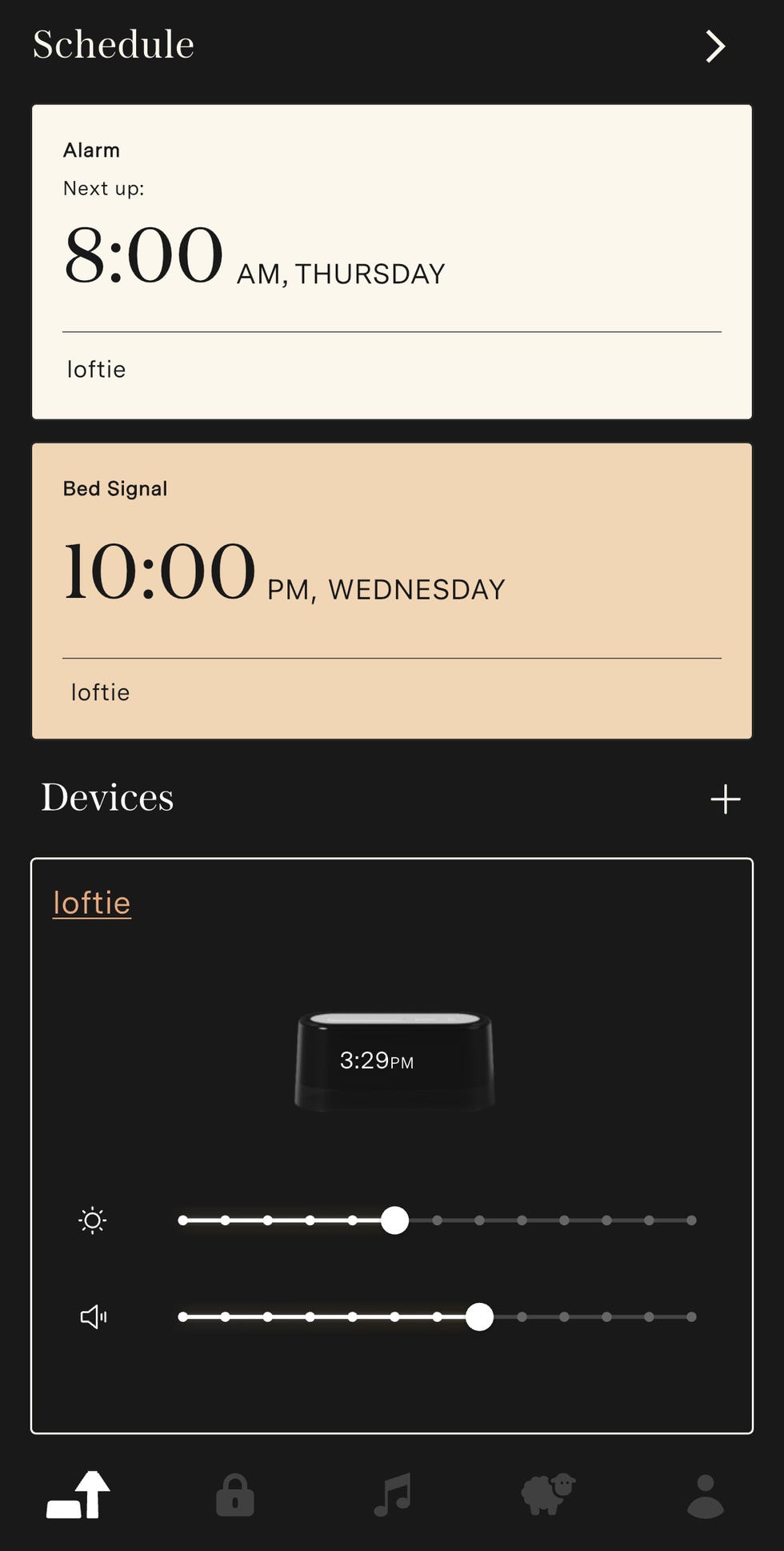 display showing alarm and bed signal settings for loftie