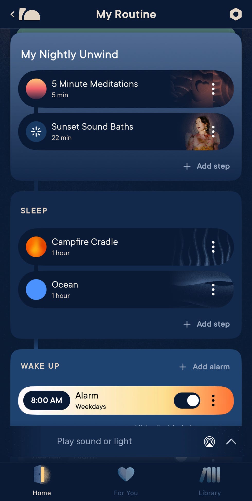 sleep routine schedule with relaxation options and alarm settings on hatch restore 3