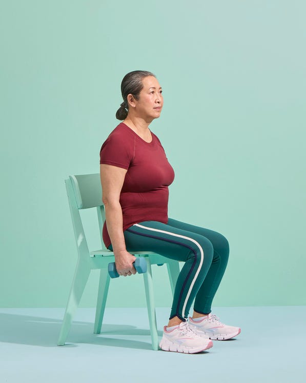chair sit to stand. functional fitness moves. strength building exercise, workout for pain relief and aging.