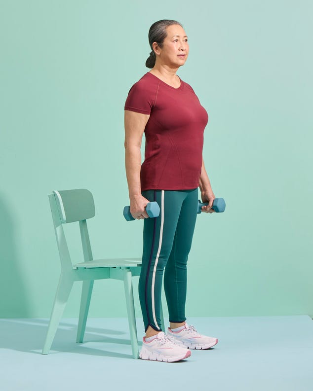 chair sit to stand. functional fitness moves. strength building exercise, workout for pain relief and aging.