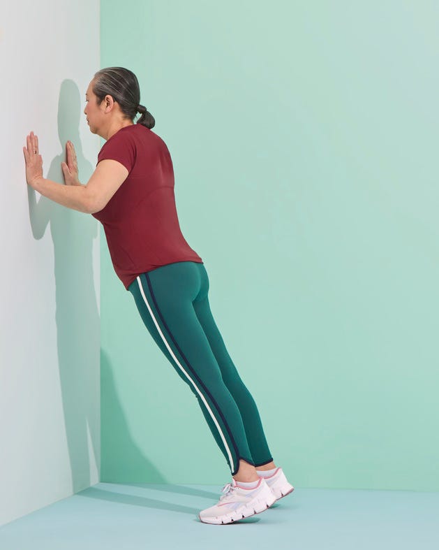 wall push ups. functional fitness moves. strength building exercise, workout for pain relief and aging.