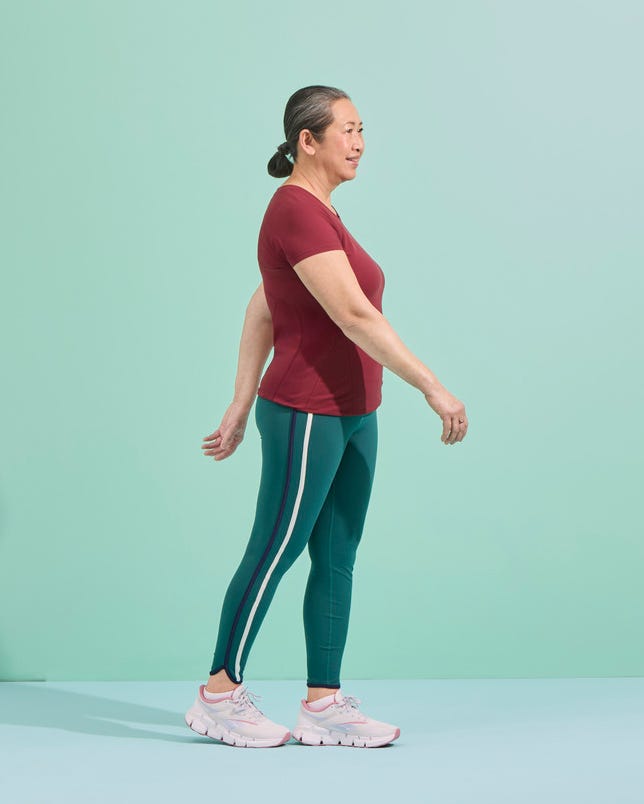 heel to toe walk. functional fitness moves. strength building exercise, workout for pain relief and aging.