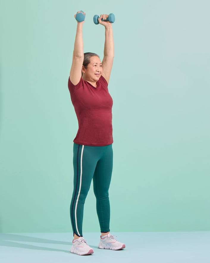 overhead dumbbell press. functional fitness moves. strength building exercise, workout for pain relief and aging.