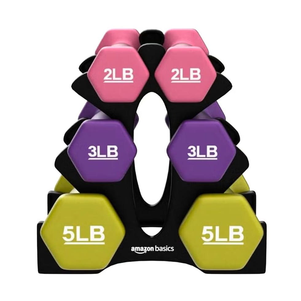 Neoprene Coated Hexagon Workout Dumbbell Color Coded Hand Weight with Storage Rack
