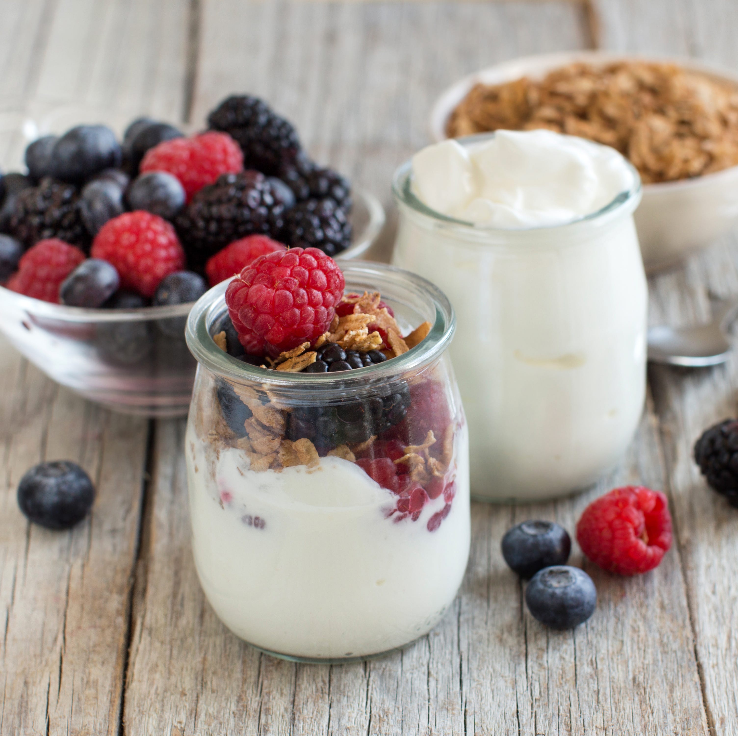 Breakfast with Fresh greek yogurt, muesli and berries